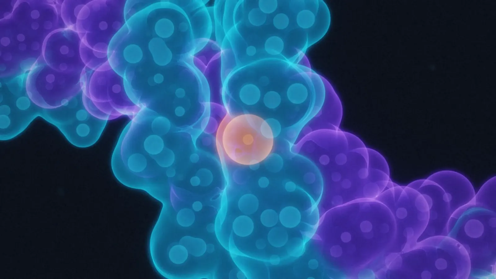 A strand of DNA rendered in glowing blue and violet